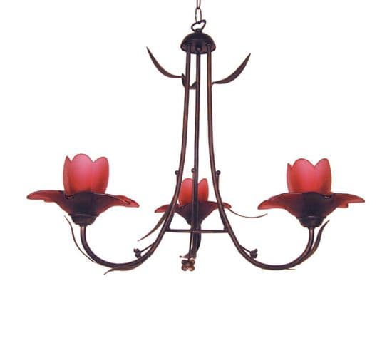 Lustre 3 Bras Haut Métal Marron Or 80 Verre Rouge 80 Cm..