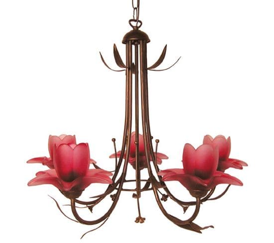 Lustre 5 Bras Haut Métal Marron Or Verre Rouge 80 Cm..