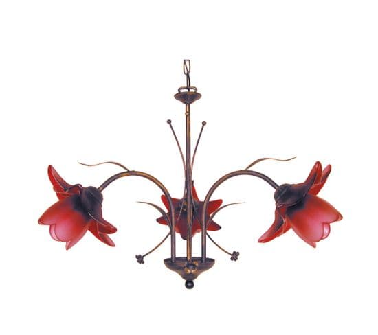 Lustre 3 Bras Métal Marron Or 80 Verre Rouge 80 Cm..