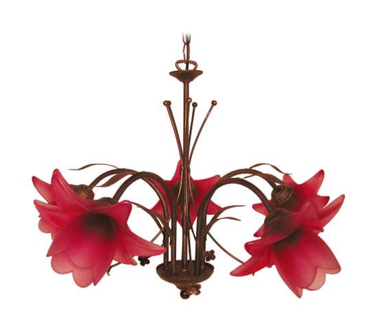 Lustre 5 Bras Métal Marron Or Verre Rouge 80 Cm..