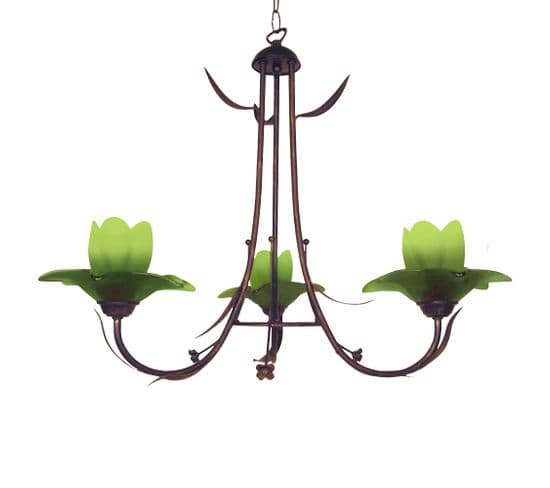 Lustre 3 Bras Haut Métal Marron Or 80 Verre Vert 80 Cm..