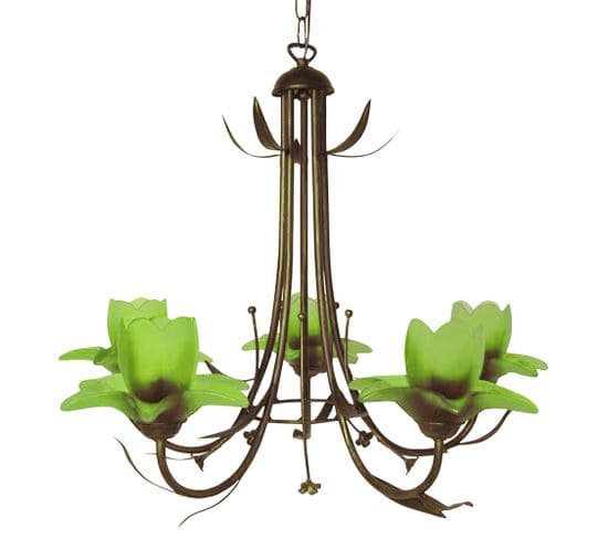 Lustre 5 Bras Haut Métal Marron Or Verre Vert 80 Cm..