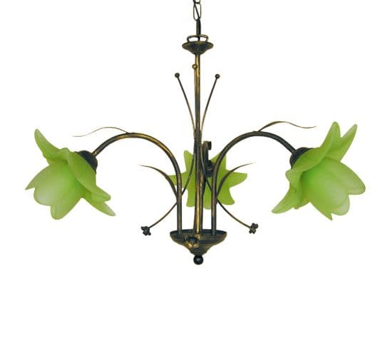 Lustre 3 Bras Métal Marron Or 80 Verre Vert 80 Cm..