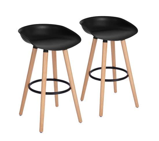 Lot de 2 tabourets de bar scandinave Siège en plastique noir, Pieds en bois, L45*P43.5*H77.5cm