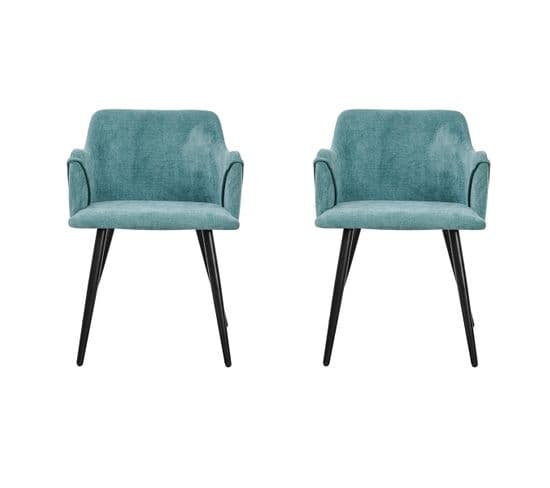 Lot De 2 Chaises Scandinaves Tissu Vert Avec Accoudoirs Pieds Noirs 53x54x75cm