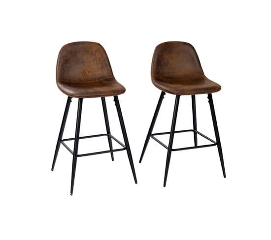 Lot De 2 Tabouret De Bar Rétro Vintage Tissu Suède Marron Pied Noir