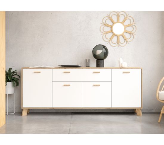 Buffet 4P/1T IKAST Blanc/Imitation chêne