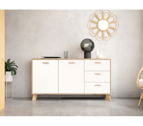 Buffet 2P/3T IKAST Blanc/Imitation chêne