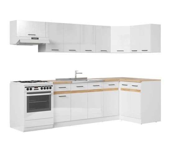 Junona Cuisine D'angle Complète 340 cm 10 Éléments Plan De Travail Inclus Blanc Brillant