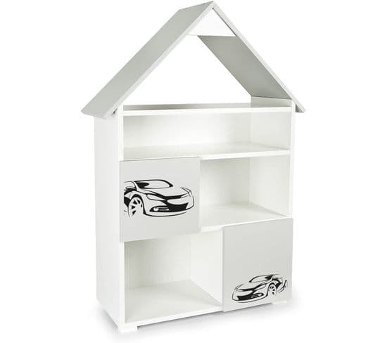 Bibliothèque Petit Chalet Blanc Et Gris À 6 Compartiments Motif Voiture