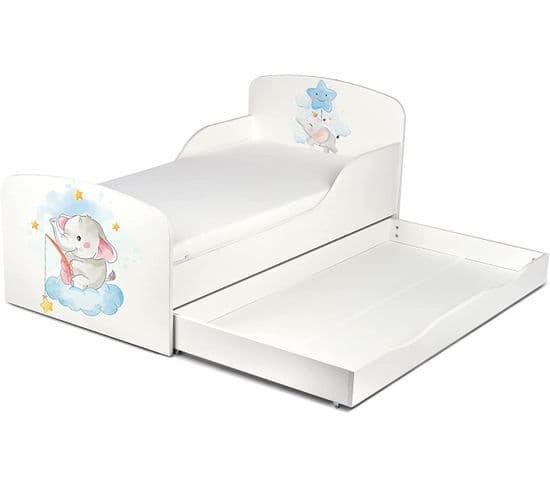 Lit D'enfant Toddler Couleur Blanc Avec Rangement + Matelas Petit Éléphant