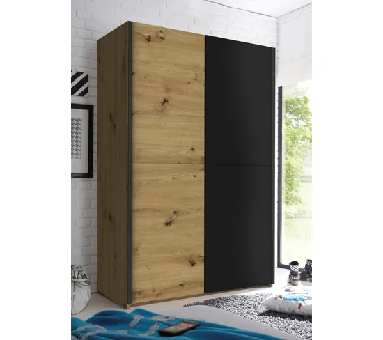 Armoire 2 portes coulissantes L.125 cm FAST imitation chêne artisan/ noir