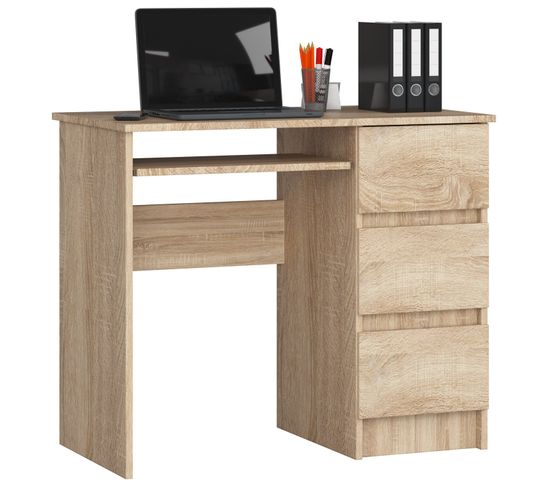 Bureau D'ordinateur Droit A6 Sonoma 90 Cm 3 Tiroirs Façade Sonoma 1 Étagère 90x50x77 Cm