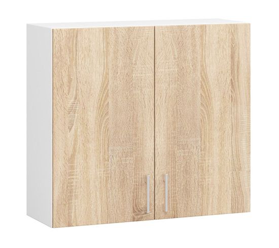 Meuble De Cuisine Haut W80 Lima Modulable Blanc 80 Cm 2 Portes Façade Chêne Sonoma 2 Étagères