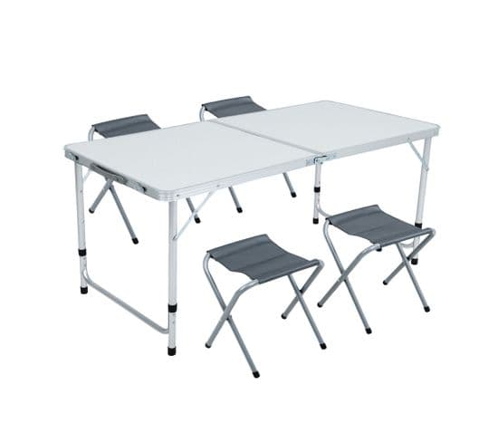 Table De Camping Blanche Avec 4 Chaises Pliantes Grises, Dimensions : L120 X P60 X H70 Cm