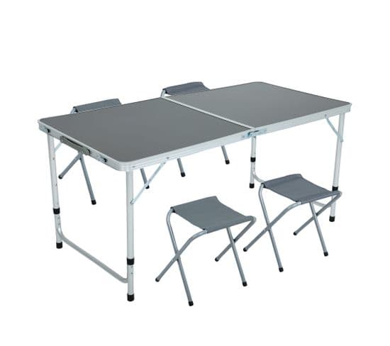 Table De Camping Gris Foncé Avec 4 Chaises Pliantes Grises, Dimensions : L120 X P60 X H70 Cm