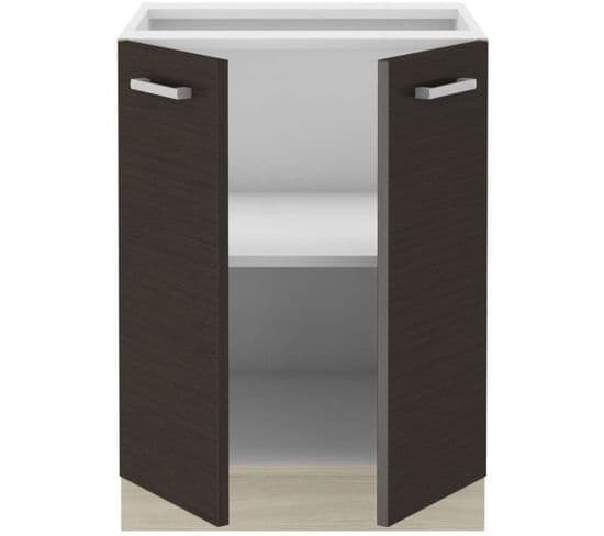 Meuble Bas - 2 Portes Battantes - Mélaminé - Décor Chene Foncé - L 60 X P 52 X H 82 Cm