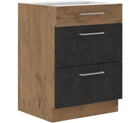 Meuble Casserolier Rock Mélaminé Décor Chêne Lancelot Et Gris - 3 Tiroirs L60 X H82 Cm