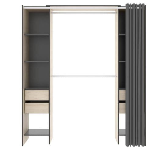 Armoire Dressing Extensible Avec Rideau + 4 Tiroirs - L. 100-180 X H. 203 X P. 50 Cm