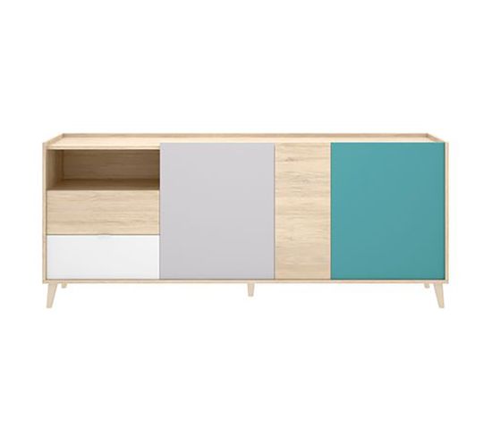 Buffet Meuble De Rangement Coloris Naturel Et Émeraude - L. 180 X H. 75 X P. 43 Cm