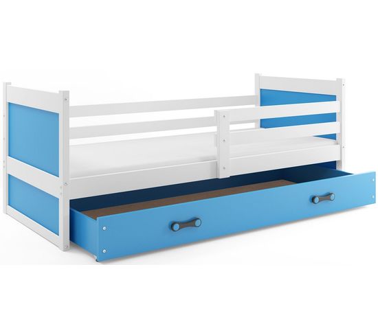 Lit Enfant Rico 190x80 Avec Matelas Sommier Et Tiroir En Blanc+bleu