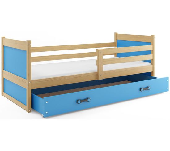 Lit Enfant Rico 190x80 Avec Matelas Sommier Et Tiroir En Pin Naturel+bleu