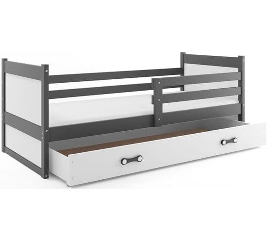 Lit Enfant Rico 190x90 Avec Matelas Sommier Et Tiroir En Gris+blanc