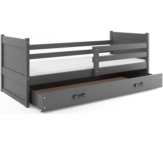 Lit Enfant Rico 190x90 Avec Matelas Sommier Et Tiroir En Gris+gris