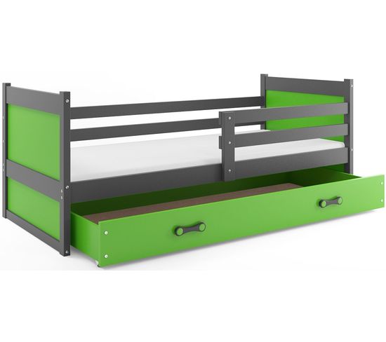 Lit Enfant Rico 190x90 Avec Matelas Sommier Et Tiroir En Gris+vert