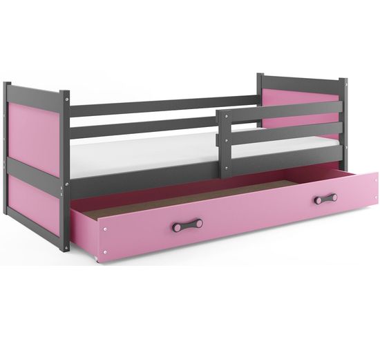 Lit Enfant Rico 190x90 Avec Matelas Sommier Et Tiroir En Gris+rose