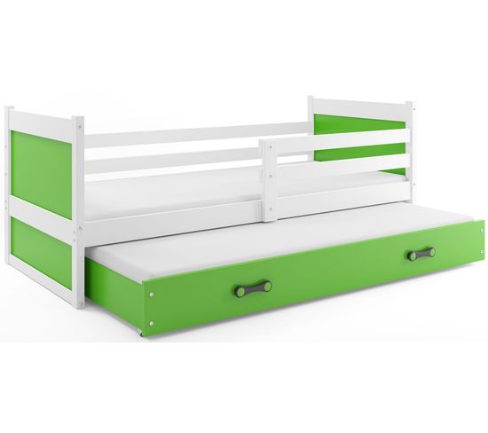 Lit Gigogne Rico 190x90 Avec 2 Matelas Sommiers Et Tiroir-lit En Blanc+vert