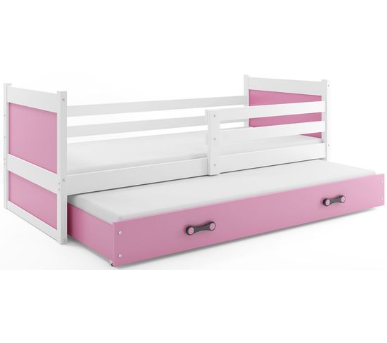 Lit Gigogne Rico 190x90 Avec 2 Matelas Sommiers Et Tiroir-lit En Blanc+rose