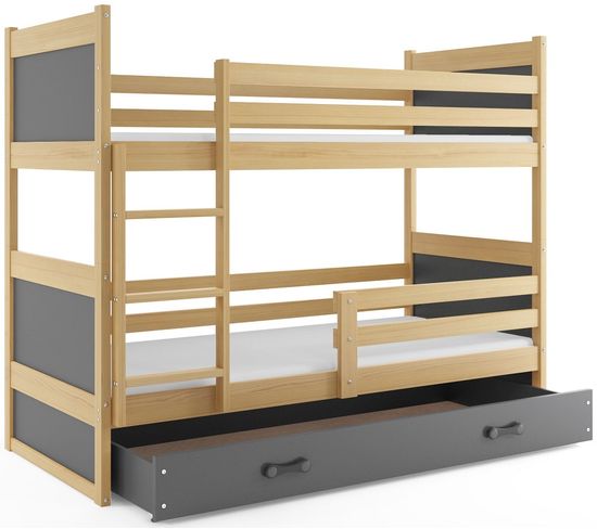 Lit Superposé Rico 160x80 Avec Matelas Sommiers Et Tiroir En Pin+gris