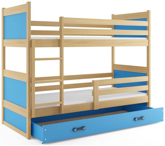 Lit Superposé Rico 160x80 Avec Matelas Sommiers Et Tiroir En Pin+bleu