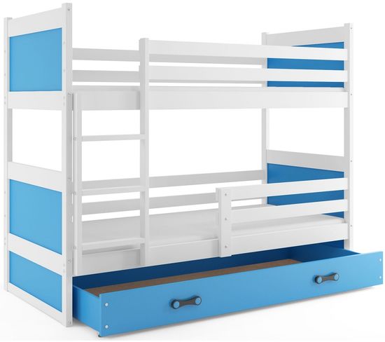 Lit Superposé Rico 190x90 Avec Matelas Sommiers Et Tiroir En Blanc+bleu