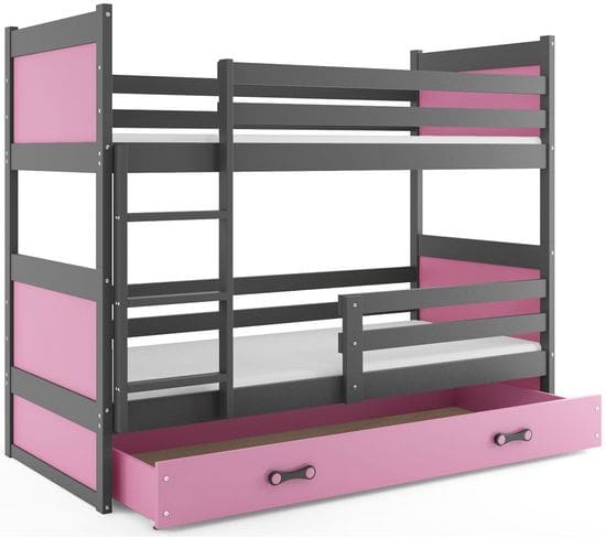 Lit Superposé Rico 190x90 Avec Matelas Sommiers Et Tiroir En Gris+rose