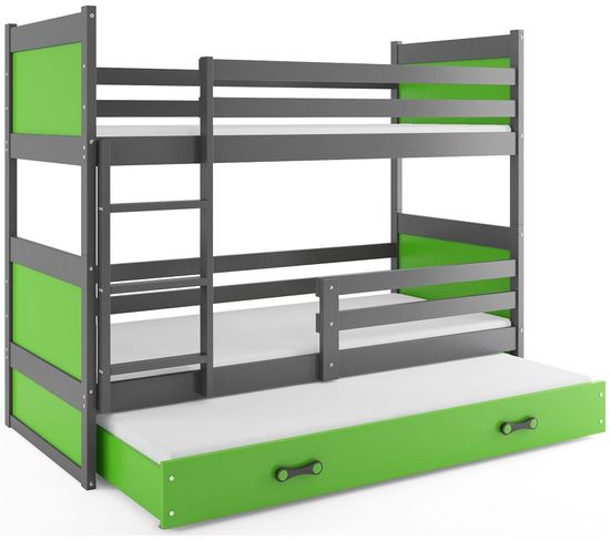 Lit Superposé Rico 3 Places 190x90 Avec 3 Matelas De Mousse 7cm Et Sommiers En Gris+vert