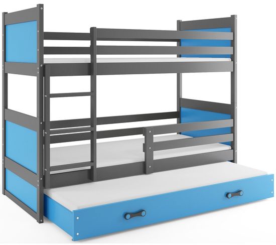 Lit Superposé Rico 3 Places 200x90 Avec 3 Matelas De Mousse 7cm Et Sommiers En Gris+bleu