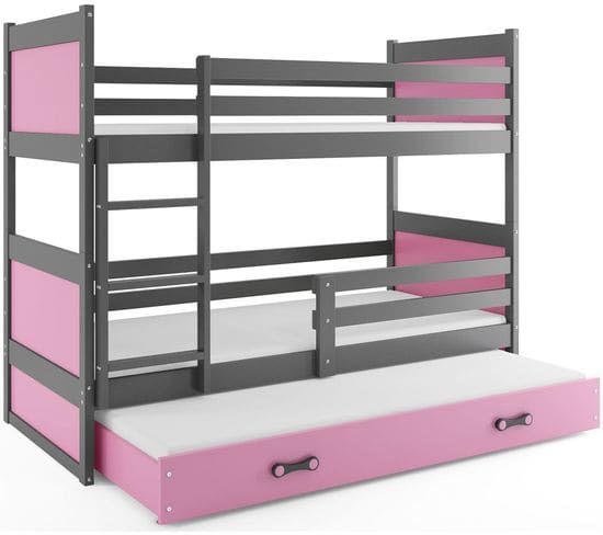 Lit Superposé Rico 3 Places 200x90 Avec 3 Matelas De Mousse 7cm Et Sommiers En Gris+rose