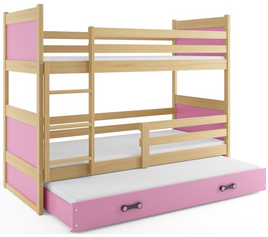 Lit Superposé Rico 3 Places 200x90 Avec 3 Matelas De Mousse 7cm Et Sommiers En Pin+rose