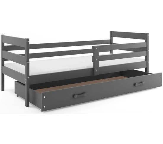 Lit Enfant Eryk 190x80 Avec Sommier, Matelas Et Tiroir En Gris+gris