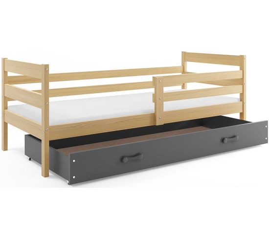 Lit Enfant Eryk 200x90 Avec Sommier, Matelas Et Tiroir En Pin+gris