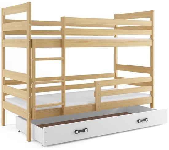 Lit Superposé Eryk 160x80 Avec Matelas Sommiers Et Tiroir En Pin+blanc