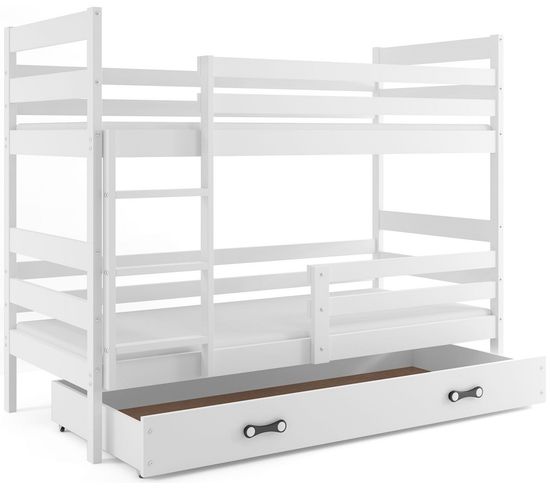 Lit Superposé Eryk 200x90 Avec Matelas Sommiers Et Tiroir En Blanc+blanc