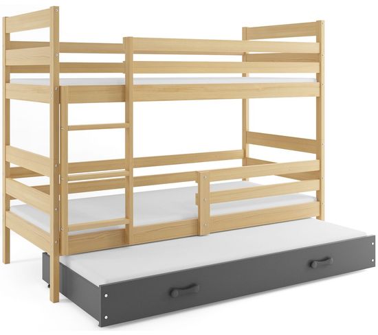 Lit Superposé Eryk 3 Places En 190x80 Avec Matelas Et Sommiers En Pin+gris