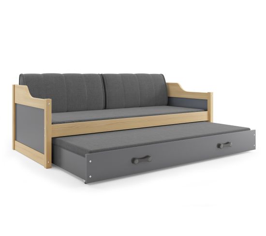 Lit Banquette Gigogne David 200x90 Avec Sommiers Et Matelas En Pin Naturel+gris