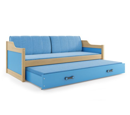 Lit Banquette Gigogne David 200x90 Avec Sommiers Et Matelas En Pin Naturel+bleu