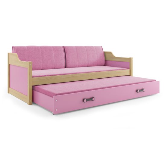 Lit Banquette Gigogne David 200x90 Avec Sommiers Et Matelas En Pin Naturel+rose