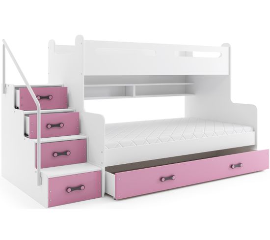 Lit 3 Places Max 3 200x80 Et 200x120 Avec Matelas Sommier Tiroir Et Escalier En Blanc+rose