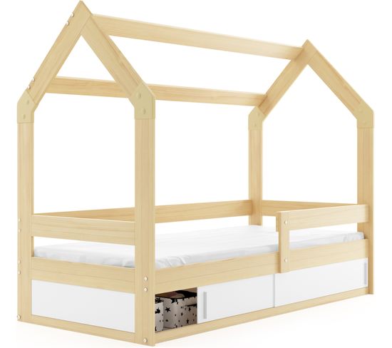 Lit Enfant Cabane 80x160 Avec Sommier à Lattes Et Coffre Sous Le Lit (bois) façade interchangeable